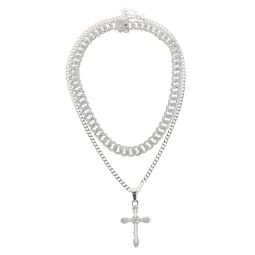 MOBUTOFU Hip Hop Herren Kette Layered Cross Anhänger Modische Silberfarbene Kubanische Gliederkette Stylische Mehrlagige Halskette für Alltag Party und Festival von MOBUTOFU