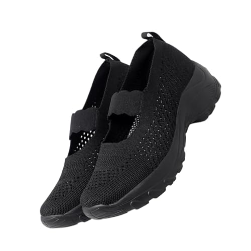 MOBUTOFU Leichte Damen Freizeitschuhe mit Atmungsaktivem Mesh Dicker Sohle und Stabilem Fersenhalt rutschfest Slip Design Komfortabel für Walking Reisen und Alltag Schwarz von MOBUTOFU