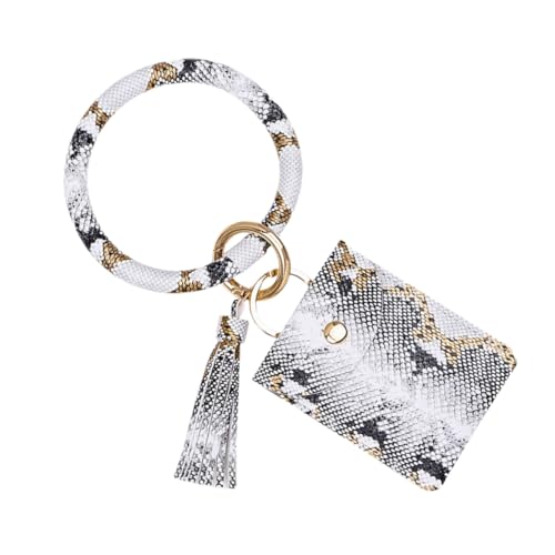 MOBUTOFU PU Geldbörse mit Schlangenhaut Muster Großer Runder Schlüsselanhänger und Mini Kartenetui Damen Armband Münzbeutel Kompakte Brieftasche in Weiß Sicher für Karten und Bargeld von MOBUTOFU
