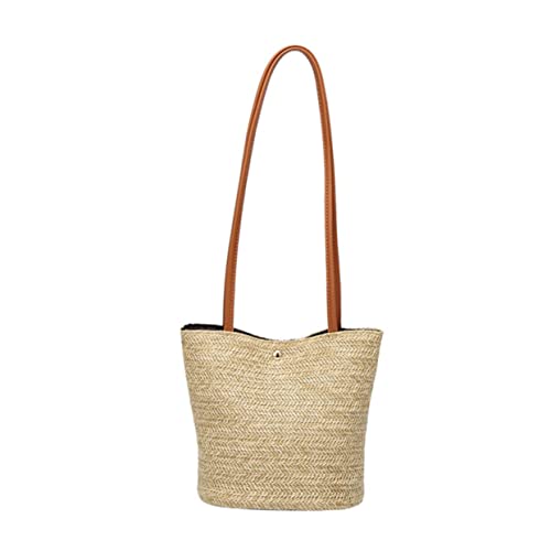 MOBUTOFU Sommer Strandtasche Damen Strohtasche Bucket Bag Handgewebte Umhängetasche mit Geräumigem Innenfach und Komfortablem Schulterriemen für Alltag und Freizeit von MOBUTOFU