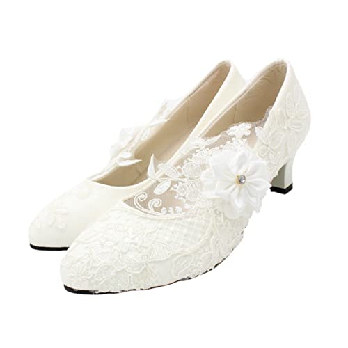MOBUTOFU Weiße Damen Hochzeitsschuhe mit Blockabsatz Spitzendesign Langlebig PU Material Mittelhohe Brautschuhe für Party Fest und Formelle Anlässe von MOBUTOFU