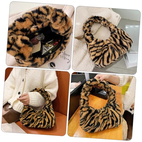 MOBUTOFU Winter Plüsch Schultertasche Damen Handtasche Gestreift Leicht Große Kapazität Alltag Tote Bag Braun von MOBUTOFU