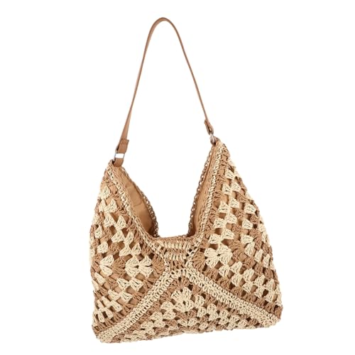 MOBUTOFU Woven Single Shoulder Strandtasche Damen Stabile Geflochtene Stroh Tasche Vielseitig als Handtasche und Urlaubstasche Leicht und Strapazierfähig für Reisen und Alltag Hellbraun von MOBUTOFU