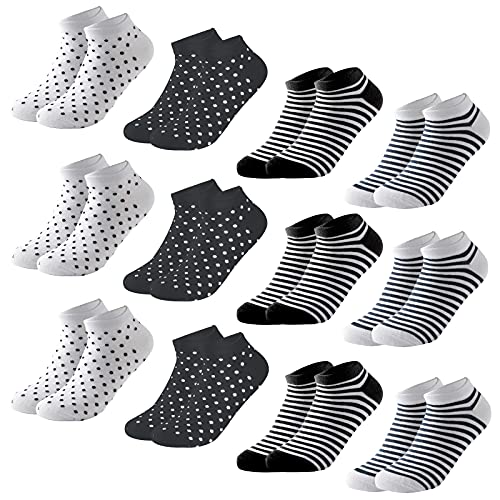 MOCOCITO Sneaker Socken Herren Damen | aus Baumwolle 8/12 Paar, Sportsocken Herren Damen 35-48 | Füßlinge | Laufsocken | Kurze Socken | Größen 35-48… (35-38, Streifen und Punkt 12 Paar[Schwarz+Weiß]) von MOCOCITO