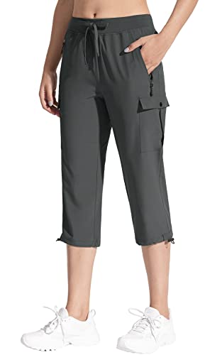 MOCOLY Damen 3/4 Leicht Wanderhose wasserdichte Sonnenschutz Kurze Trekkinghose Capri Cargohose Atmungsaktive Bequeme Caprihose Dreiviertel Outdoor Cargo Trekking Hose Sommer Grau XXL von MOCOLY