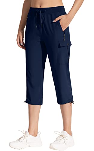 MOCOLY Damen 3/4 Leicht Wanderhose wasserdichte Sonnenschutz Kurze Trekkinghose Capri Cargohose Atmungsaktive Bequeme Caprihose Dreiviertel Outdoor Cargo Trekking Hose Sommer Navy Blau M von MOCOLY