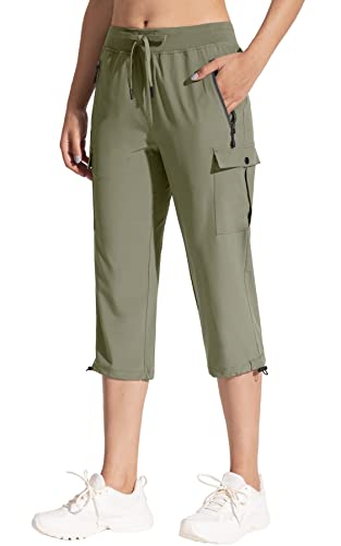 MOCOLY Damen 3/4 Leicht Wanderhose wasserdichte Sonnenschutz Kurze Trekkinghose Capri Cargohose Atmungsaktive Bequeme Caprihose Dreiviertel Outdoor Cargo Trekking Hose Sommer Grün M von MOCOLY