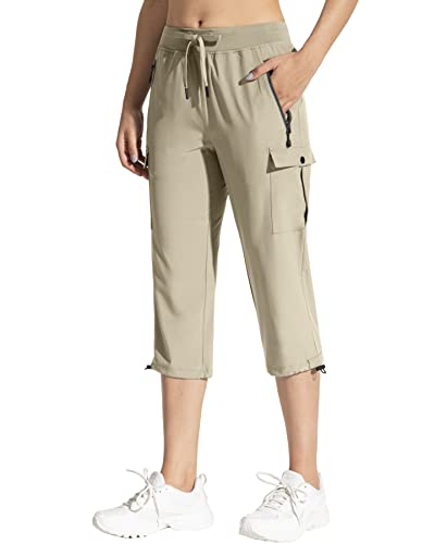 MOCOLY Damen 3/4 Leicht Wanderhose wasserdichte Sonnenschutz Kurze Trekkinghose Capri Cargohose Atmungsaktive Bequeme Caprihose Dreiviertel Outdoor Cargo Trekking Hose Sommer Khaki L von MOCOLY