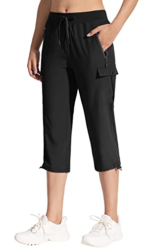 MOCOLY Damen 3/4 Leicht Wanderhose wasserdichte Sonnenschutz Kurze Trekkinghose Capri Cargohose Atmungsaktive Bequeme Caprihose Dreiviertel Outdoor Cargo Trekking Hose Sommer Schwarz XS von MOCOLY