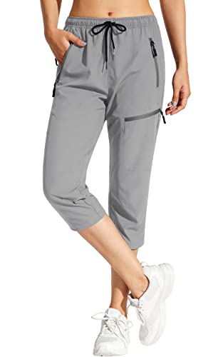 MOCOLY Damen Wanderhose Wasserdicht Elastische Outdoorhose Caprihose Trekkinghose 3/4 Lange Cargohose Kurz Sommer Wander Hose Freizeithose UPF 50 mit Reißverschlusstasche von MOCOLY