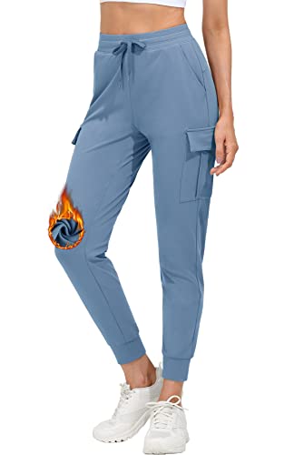 MOCOLY Damen Fleece Gefüttert Jogginghose Winter Warme Sporthose Trainingshose Lang Thermo Cargo Sport Hose Laufhose Sweathose ​wasserdichte Freizeit Track Pants mit Handytasche Dunst Blau XS von MOCOLY