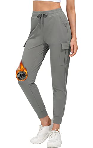 MOCOLY Damen Fleece Gefüttert Jogginghose Winter Warme Sporthose Trainingshose Lang Thermo Cargo Sport Hose Laufhose Sweathose ​wasserdichte Freizeit Track Pants mit Handytasche Grau L von MOCOLY