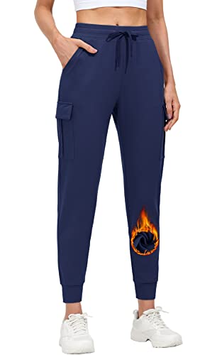 MOCOLY Damen Fleece Gefüttert Jogginghose Winter Warme Sporthose Trainingshose Lang Thermo Cargo Sport Hose Laufhose Sweathose ​wasserdichte Freizeit Track Pants mit Handytasche Navy Blau L von MOCOLY