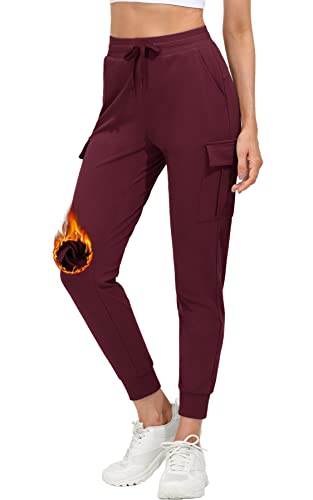 MOCOLY Damen Fleece Gefüttert Jogginghose Winter Warme Sporthose Trainingshose Lang Thermo Cargo Sport Hose Laufhose Sweathose ​wasserdichte Freizeit Track Pants mit Handytasche Rotwein S von MOCOLY