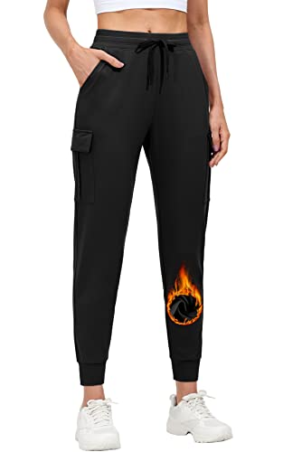 MOCOLY Damen Fleece Gefüttert Jogginghose Winter Warme Sporthose Trainingshose Lang Thermo Cargo Sport Hose Laufhose Sweathose ​wasserdichte Freizeit Track Pants mit Handytasche Schwarz XS von MOCOLY