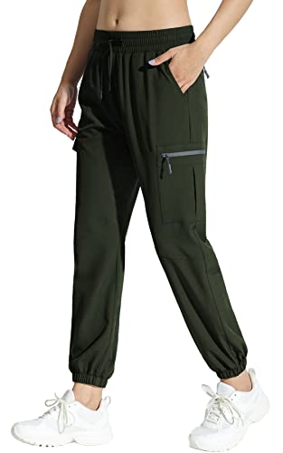 MOCOLY Damen Jogginghose Cargohose Wanderhose Leichte Trekkinghose Wasserdicht Outdoorhose Trainingshose Sweathose Joggpants Cargo Sport Hosen für Frauen mit Taschen Armeegrün L von MOCOLY