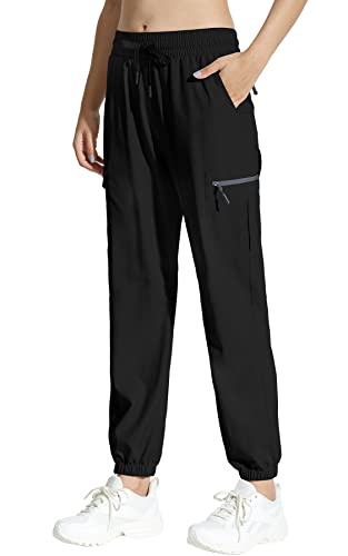 MOCOLY Damen Jogginghose Cargohose Wanderhose Leichte Trekkinghose Wasserdicht Outdoorhose Trainingshose Sweathose Joggpants Cargo Sport Hosen für Frauen mit Taschen Schwarz L von MOCOLY