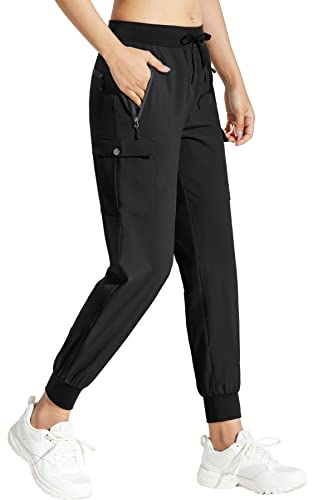 MOCOLY Damen Jogginghose Cargohose Wanderhose Leichte Trekkinghose Wasserdicht Winddicht Outdoorhose Trainingshose Sweathose Joggpants Baggy Cargo Sport Hosen für Frauen mit Taschen Schwarz M von MOCOLY