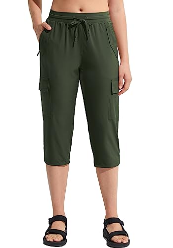MOCOLY Damen Leichte Atmungsaktive Wanderhose Capri Trekkinghose Outdoor wasserdichte Cargo Kurz Hose Sommer Caprihose 3/4 Sommerhose mit Elastischem Bund und Taschen Armeegrün M von MOCOLY
