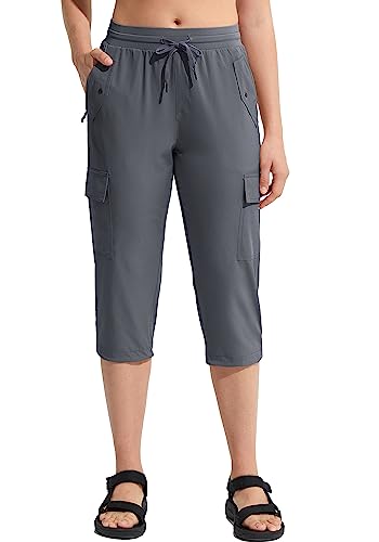 MOCOLY Damen Leichte Atmungsaktive Wanderhose Capri Trekkinghose Outdoor wasserdichte Cargo Kurz Hose Sommer Caprihose 3/4 Sommerhose mit Elastischem Bund und Taschen Dunkelgrau 2XL von MOCOLY