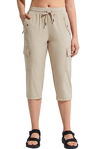 MOCOLY Damen Leichte Atmungsaktive Wanderhose Capri Trekkinghose Outdoor wasserdichte Cargo Kurz Hose Sommer Caprihose 3/4 Sommerhose mit Elastischem Bund und Taschen Khaki 2XL von MOCOLY