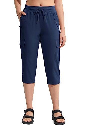 MOCOLY Damen Leichte Atmungsaktive Wanderhose Capri Trekkinghose Outdoor wasserdichte Cargo Kurz Hose Sommer Caprihose 3/4 Sommerhose mit Elastischem Bund und Taschen Navy Blau 2XL von MOCOLY