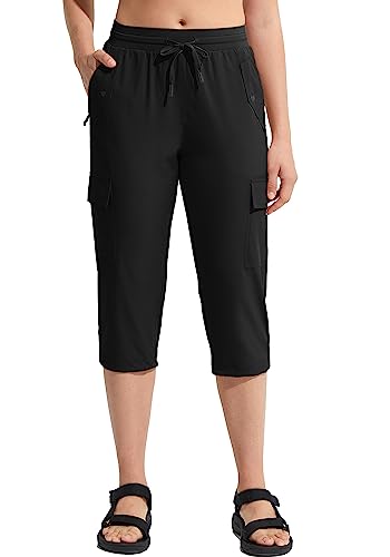 MOCOLY Damen Leichte Atmungsaktive Wanderhose Capri Trekkinghose Outdoor wasserdichte Cargo Kurz Hose Sommer Caprihose 3/4 Sommerhose mit Elastischem Bund und Taschen Schwarz XS von MOCOLY