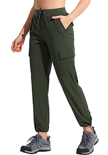 MOCOLY Damen Leichte Atmungsaktive Wanderhose Trekkinghose Outdoor wasserdichte Cargo Hose Kletterhose Outdoorhose Elastischer Bund und Taschen mit Sonnenschutz Armeegrün 2XL von MOCOLY