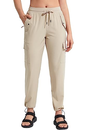 MOCOLY Damen Leichte Atmungsaktive Wanderhose Trekkinghose Outdoor wasserdichte Cargo Hose Kletterhose Outdoorhose Elastischer Bund und Taschen mit Sonnenschutz Khaki 2XL von MOCOLY