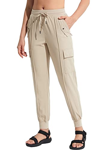 MOCOLY Damen Leichte Atmungsaktive Wanderhose Trekkinghose Outdoor wasserdichte Cargo Hose Kletterhose Outdoorhose Elastischer Bund und Taschen mit Sonnenschutz Khaki 2XL von MOCOLY