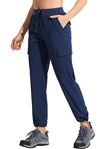 MOCOLY Damen Leichte Atmungsaktive Wanderhose Trekkinghose Outdoor wasserdichte Cargo Hose Kletterhose Outdoorhose Elastischer Bund und Taschen mit Sonnenschutz Navy Blau 2XL von MOCOLY