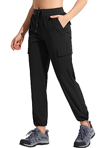 MOCOLY Damen Leichte Atmungsaktive Wanderhose Trekkinghose Outdoor wasserdichte Cargo Hose Kletterhose Outdoorhose Elastischer Bund und Taschen mit Sonnenschutz Schwarz L von MOCOLY