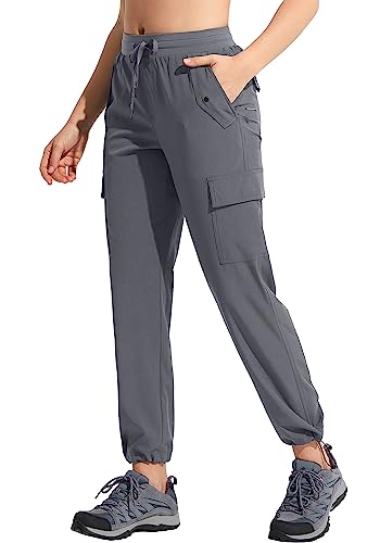 MOCOLY Damen Leichte Wanderhose Wasserdicht Trekkinghose Outdoor Cargo Länge Hose Kletterhose Outdoorhose mit Gummibund und Reißverschlusstaschen Dunkelgrau XS von MOCOLY