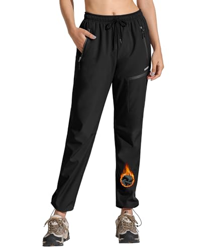 MOCOLY Damen Trekkinghose Thermo Skihose Winter Fleece Gefütterte Softshell Wanderhose Wasserdicht Warm Outdoor Hose Schneehose Langlaufhose Jagdhose Funktionshose Arbeitshose Schwarz L von MOCOLY