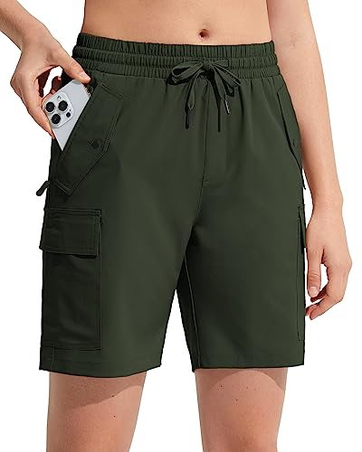 MOCOLY Damen Wander Cargo Shorts Schnell Trocknend Outdoor Wandershorts Kurz Leicht Sommer Shorts mit Reißverschlusstaschen für Trekking Reisen Golf Camping Sport Armeegrün 3XL von MOCOLY