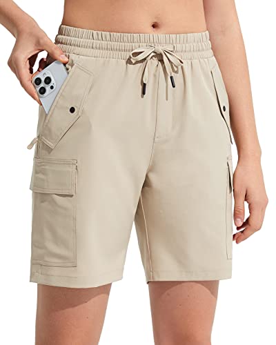 MOCOLY Damen Wander Cargo Shorts Schnell Trocknend Outdoor Wandershorts Kurz Leicht Sommer Shorts mit Reißverschlusstaschen für Trekking Reisen Golf Camping Sport Khaki L von MOCOLY