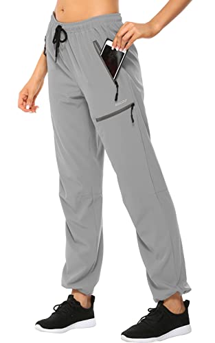 MOCOLY Leicht Wanderhose Damen Cargo Outdoorhose Trekkinghose Funktionshose Elastischem Gummibund Sommer Outdoor Hose Lang Schnelltrocken UPF 50 mit Reißverschlusstasche Hell Grau XL von MOCOLY