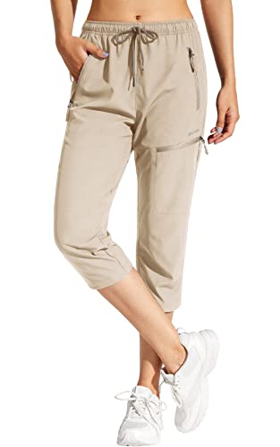 MOCOLY Damen Wanderhose Wasserdicht Elastische Outdoorhose Caprihose Trekkinghose 3/4 Lange Cargohose Kurz Sommer Wander Hose Freizeithose UPF 50 mit Reißverschlusstasche von MOCOLY