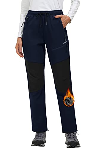 MOCOLY Damen Wanderhose Winter Fleece Gefütterte Warm Trekkinghose Softshellhose wasserdichte Thermo Outdoor Hosen Skihose Schneehose Jagdhose Funktionshose Arbeitshose mit Taschen Navy Blau L von MOCOLY