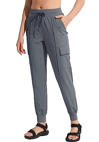 MOCOLY Damen Leichte Atmungsaktive Wanderhose Trekkinghose Outdoor wasserdichte Cargo Hose Kletterhose Outdoorhose Elastischer Bund und Taschen mit Sonnenschutz Dunkelgrau L von MOCOLY