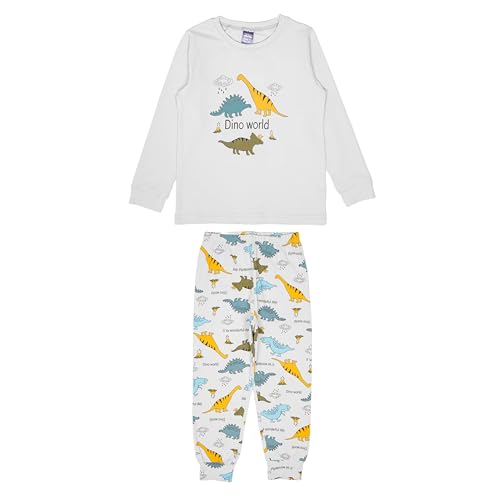 MODJEANS Schlafanzug Jungen Langarm Baumwolle – Größe 104, Grau – Zweiteiliger Kinder Pyjama Set, Nachtwäsche mit Dinosaurier- & Truck-Motiv von MOD