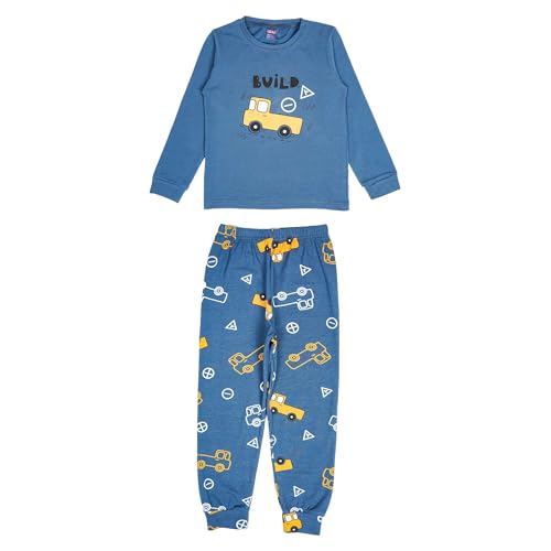 MODJEANS Schlafanzug Jungen Langarm Baumwolle – Größe 110, Dunkelblau – Zweiteiliger Kinder Pyjama Set, Nachtwäsche mit Dinosaurier- & Truck-Motiv von MOD