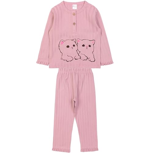 MODJEANS Schlafanzug Mädchen Langarm Baumwolle 100% – Größe 104, Altrosa – Zweiteiliger Kinder Pyjama Set, Nachtwäsche mit Katzen-Druck von MOD