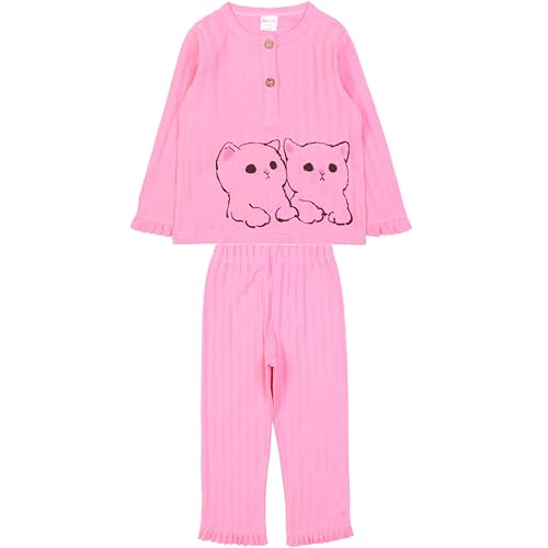 MODJEANS Schlafanzug Mädchen Langarm Baumwolle 100% – Größe 104, Rosa – Zweiteiliger Kinder Pyjama Set, Nachtwäsche mit Katzen-Druck von MOD