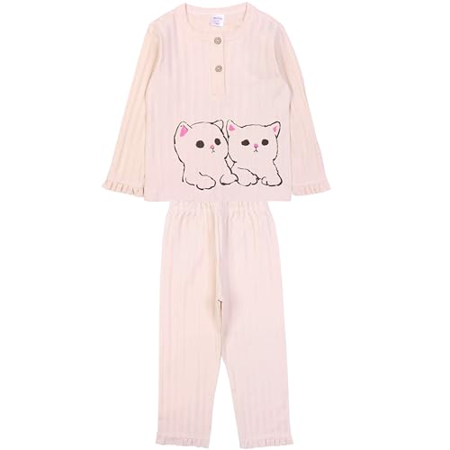 MODJEANS Schlafanzug Mädchen Langarm Baumwolle 100% – Größe 116, Beige – Zweiteiliger Kinder Pyjama Set, Nachtwäsche mit Katzen-Druck von MOD
