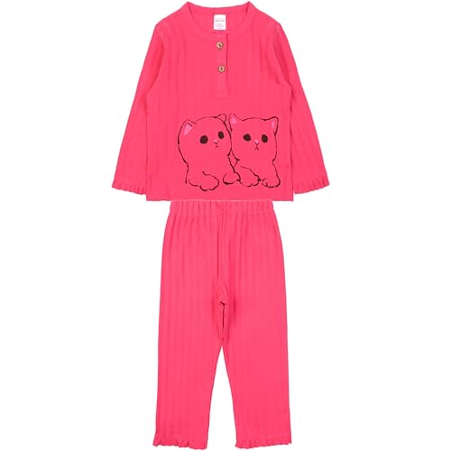 MODJEANS Schlafanzug Mädchen Langarm Baumwolle 100% – Größe 98, Dunkelrosa – Zweiteiliger Kinder Pyjama Set, Nachtwäsche mit Katzen-Druck von MOD