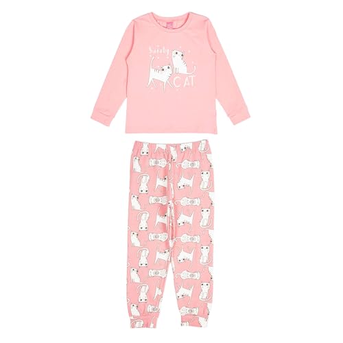 MODJEANS Schlafanzug Mädchen Langarm Baumwolle – Größe 116, Koralle – Zweiteiliger Kinder Pyjama Set, Nachtwäsche mit Katzen-, Pony- & Häschen-Druck von MOD
