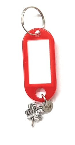 MODA MavillA Schlüsselanhänger mit Namensschild, buntem Kunststoff mit dekorativem Anhänger aus rotem Horn oder Glücksklee, inklusive Geschenkbox, Rotes Kleeblatt, One size von MODA MavillA