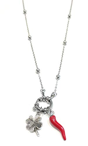 MODA MavillA Damen-Halskette aus Stahl mit Glückshorn und Kleeblatt-Anhänger. Made in Italy. Emotional - Sätze, Gedanken, Wörter mit Charms - Anhänger - Größe verstellbar, Edelstahl von MODA MavillA