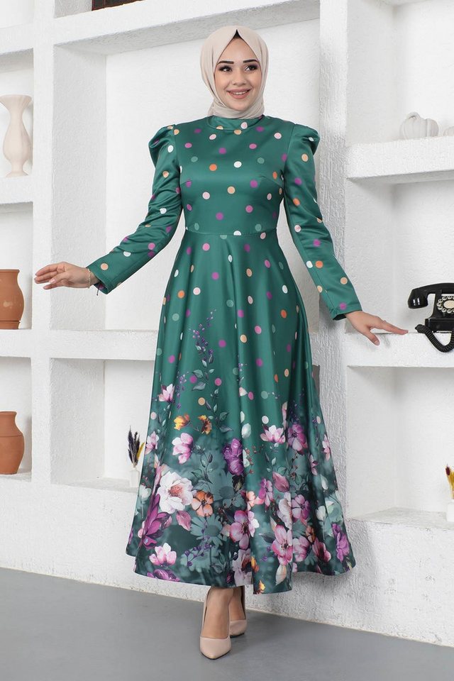 MODAMİHRAM Abendkleid Blumen-Polka-Dot-Satin-Kleid Smaragd MSW12251-3 von MODAMİHRAM